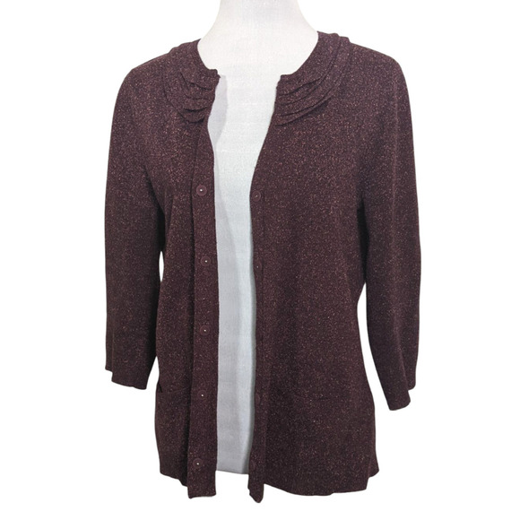 J Jill Wool Silk Blend Cardigan Sweater Burgundy Marled Knit Ruffle Spring  M - Picture 3 of 9
